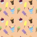 Colorful ice-cream seamless pattern. Light background. Summer food illustration. Sweet Frozen Desserts. Design for wrapping paper